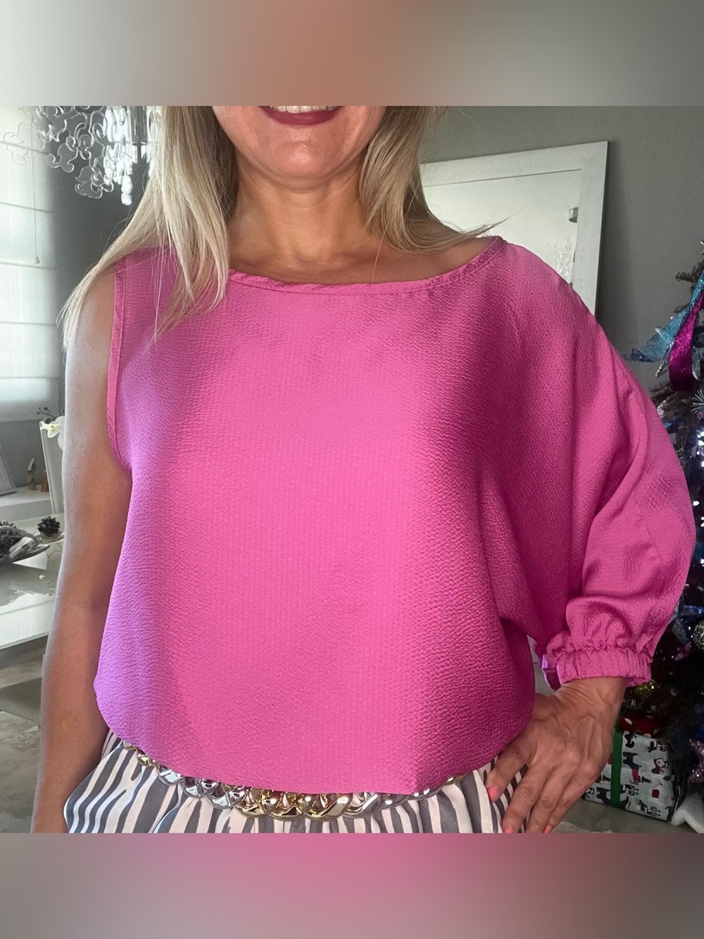Pink One Sleeve Satin Blouse Large